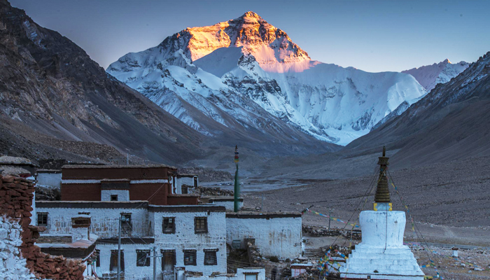 Sunrise views of Mount Everest from Rongbuk Monastery