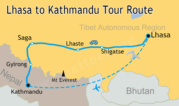 Lhasa to Kathmandu Tour Map