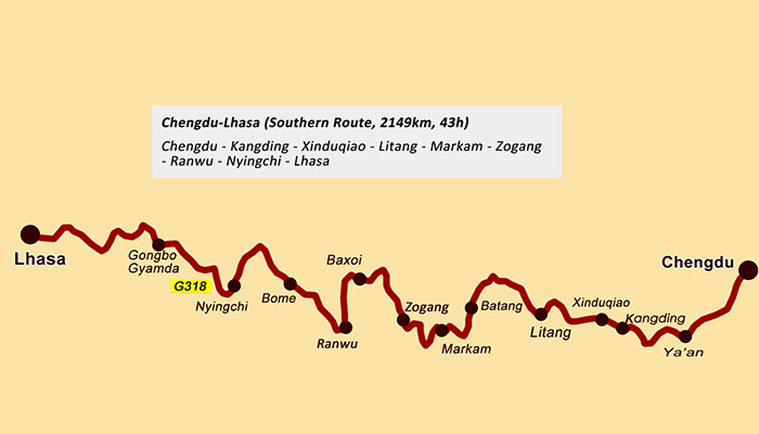 Sichuan Tibet Highway Southern Route Map