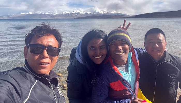 Lake Manasarovar photo with our Tibetan travel guide