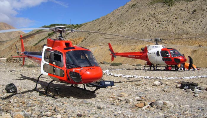 Taking the helicopter from Simikot to Hilsa