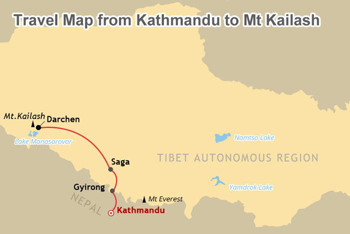 Map of Kathmandu to Mount Kailash