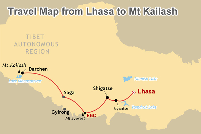 Map of Lhasa to Mount Kailash