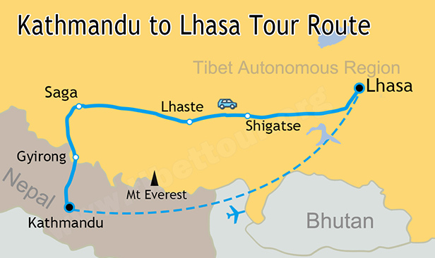Kathmandu to Lhasa Tour Map