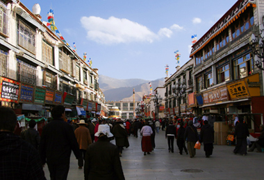 bustling Barkhor street overflows with world-wide tourists and pilgrims.