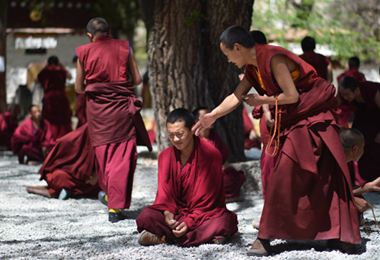 Monks debate with each other in debating courtyard of Sera Monastery.