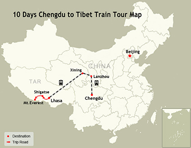 10 Days Chengdu to Tibet Train Tour Map