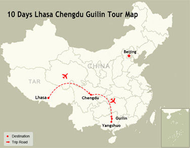 10 Days Lhasa Chengdu Guilin Tour Map