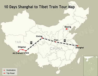 10 Days Shanghai to Tibet Train Tour Map