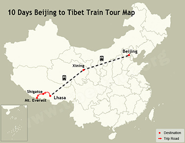 10 Days Beijing to Tibet Train Tour Map