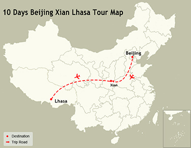 10 Days Beijing Xian Lhasa Tour Map
