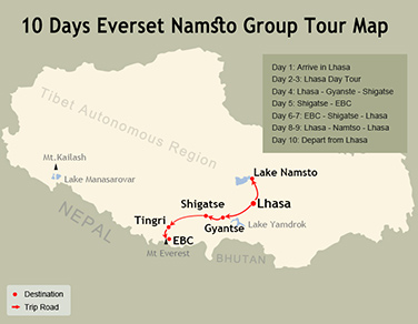 10 Days Everest Namtso Group Tour Map