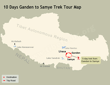 10 Days Ganden to Samye Trek Tour Map