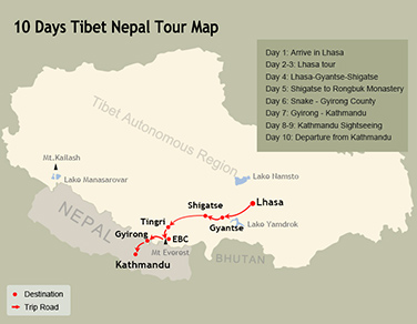 10 Days Tibet and Nepal Tour Map