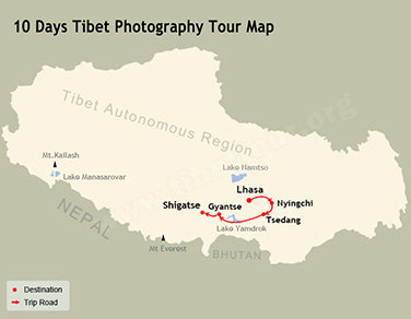 10 Days Tibet Photography Tour Map