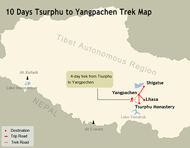 10 Days Tsurphu to Yangpachen Trek Map