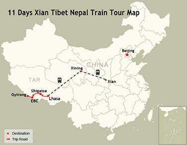11 Days Xian Tibet Nepal Train Tour Map