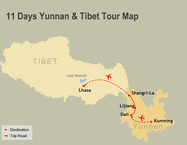 11 Days Yunnan & Tibet Tour Map