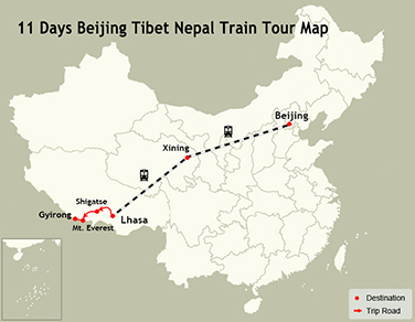 11 Days Beijing Tibet Nepal Train Tour Map
