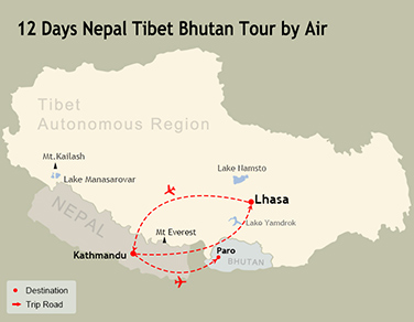 12 Days Nepal Tibet Bhutan Tour by Air Tour Route