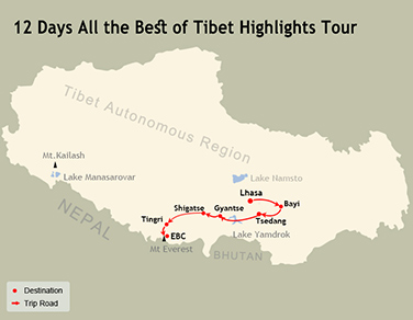 12 Days Best of Tibet Tour Map