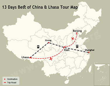 13 Days Best of China & Lhasa Tour Map