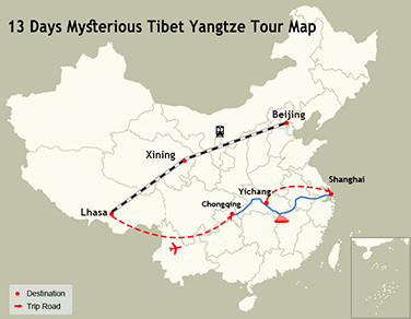 13 Days Mysterious Tibet Yangtze Tour Map