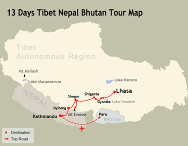 13 Days Tibet Nepal Bhutan Tour Map