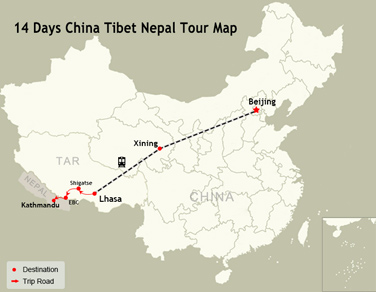 14 Days China Tibet Nepal Tour Map