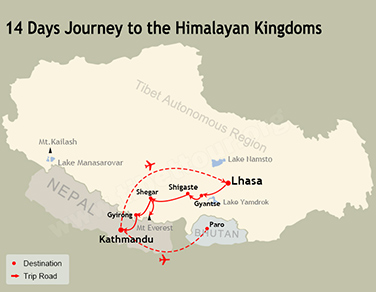 14 Days Nepal Tibet Bhutan Tour Map