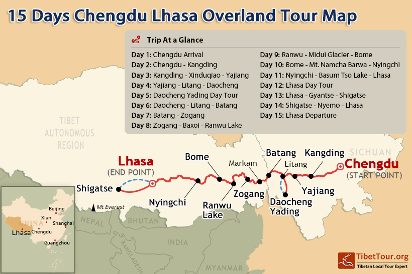8 Days Lhasa and Everest Base Camp Group Tour Map