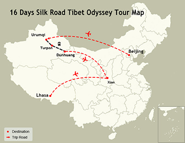 16 Days Silk Road Tibet Odyssey Tour Map