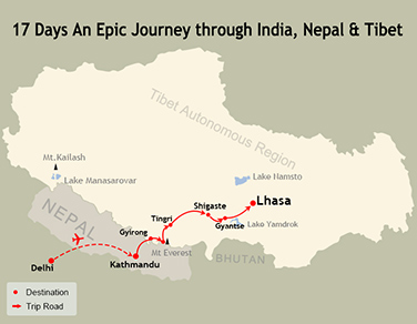 17 Days India Nepal Tibet Tour Map