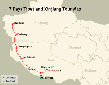 17 Days Tibet to Xinjiang Tour Map