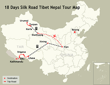 18 Days Silk Road Tibet Nepal Tour Map