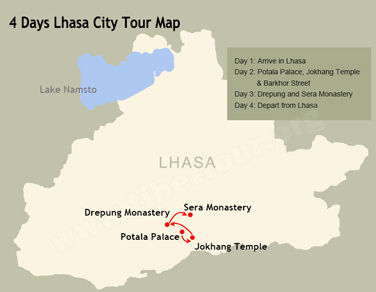 4 Days Lhasa City Tour Map
