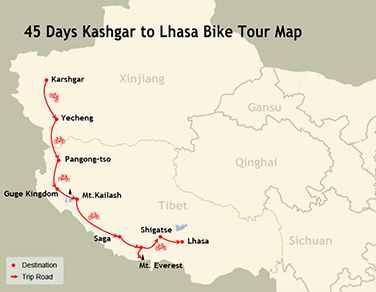 45 Days Kashgar to Lhasa Bike Tour Map