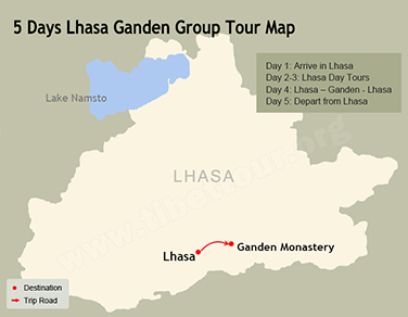 5 Days Lhasa Ganden Group Tour Map
