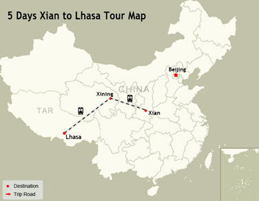 5 Days Xian to Lhasa Tour Map