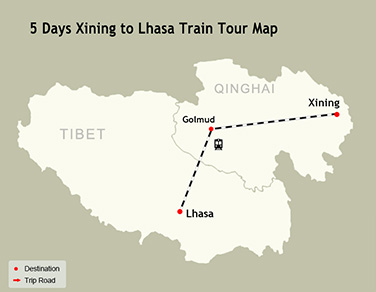 5 Days Xining to Lhasa Train Tour Map