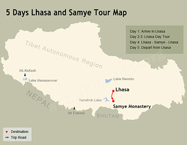 5 Days Lhasa and Samye Tour Map