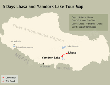 5 Days Lhasa and Yamdrok Tour Map