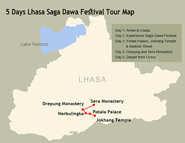 5 Days Lhasa Saga Dawa Festival Tour Map