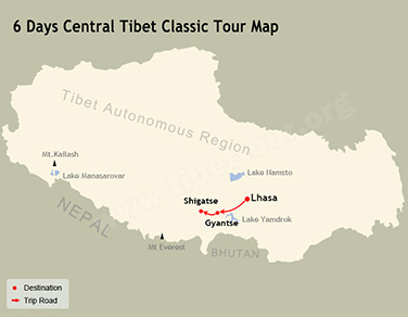 6 Days Central Tibet Classic Tour Map
