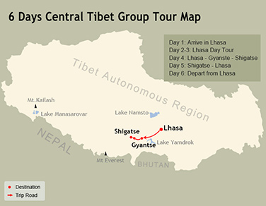 6 Days Central Tibet Group Tour Map