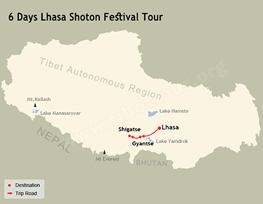 6 Days Lhasa Shoton Festival Tour Map