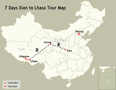 7 Days Xian to Lhasa Tour Map