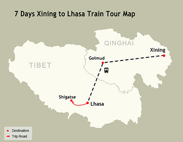 7 Days Xining to Lhasa Train Tour Map