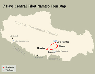 7 Days Central Tibet Namtso Tour Map
