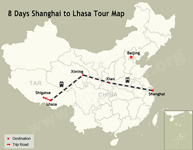 8 Days Shanghai to Lhasa Tour Map